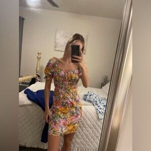 Allover Floral Print Knot Front Puff Sleeve Bustier Dress